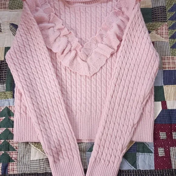 Size M Sugar Thrills Pink Ruffle Turtleneck Sweater - Picture 3 of 10
